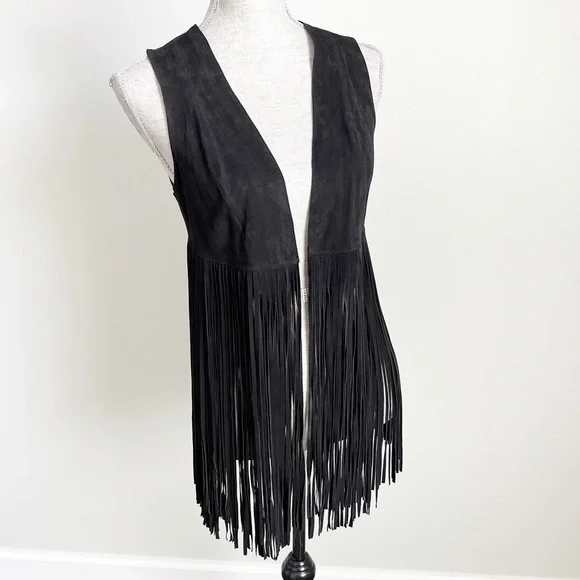 Lamarque Sonia Black Suede Leather Fringe Vest XS